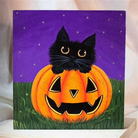 Black Cat In A Pumpkin Original Halloween Folk By Kilkennycatart