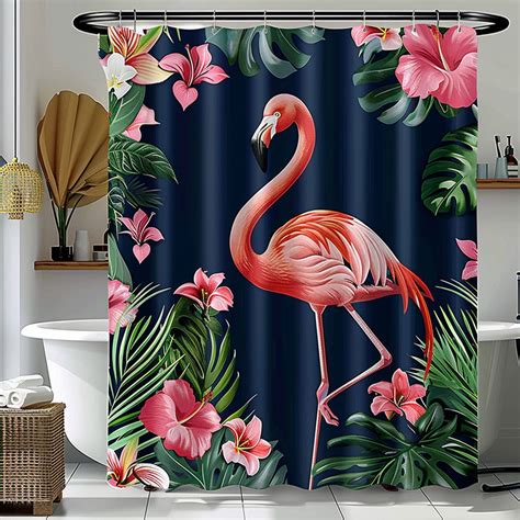 Exotic Flamingo Paradise Shower Curtain Vibrant Rainforest Design Navy