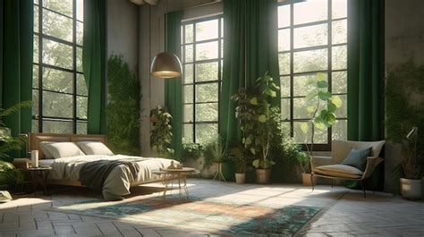 Premium AI Image | A bedroom with green curtains and a bed with a lamp ...