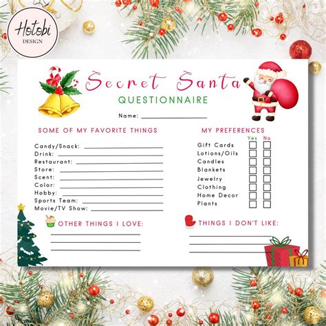 Secret Santa Questionnaire Printable Secret Santa Form Secret Santa