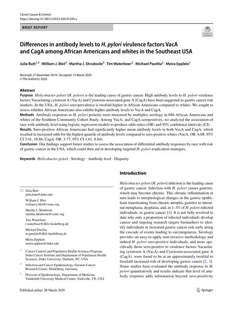 Pdf Differences In Antibody Levels To H Pylori Virulence Factors