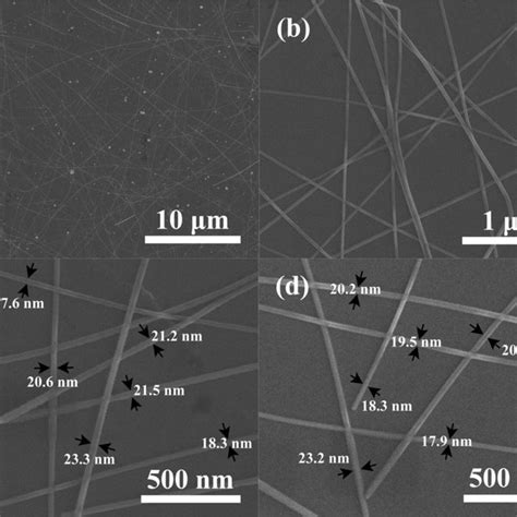 FE SEM Micrographs Of The As Prepared AgNWs At A Low Magnification B