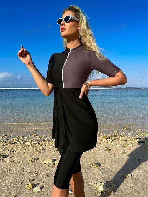 Shein Swim Mulvari Summer Beach Color Block Fashion Burkini Set For