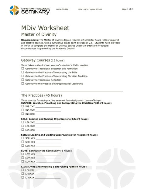 Fillable Online Cts Mdiv Worksheet Christian Theological Seminary Fax