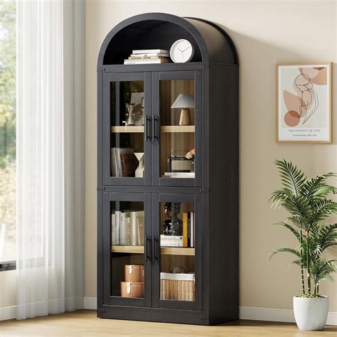 aoile  tall arched farmhouse bookcase  doors wooden display