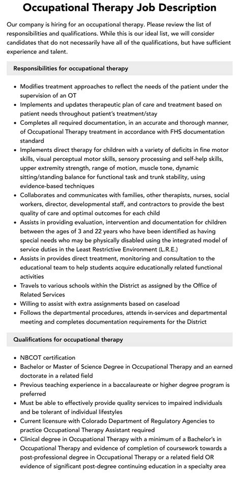 Occupational Therapy Job Description Velvet Jobs