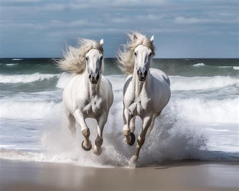 Premium AI Image | Two white horses running on the beach