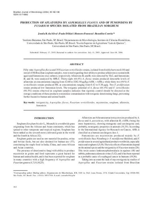 Pdf Production Of Aflatoxins By Aspergillus Flavus And Of Fumonisins