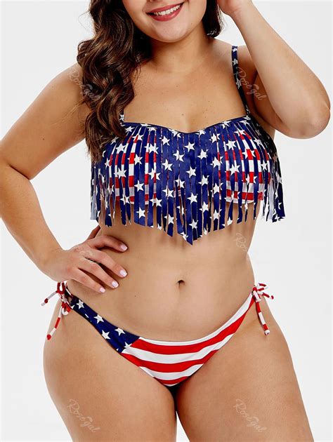 [62 Off] Plus Size American Flag Print Fringe Bikini Set Rosegal