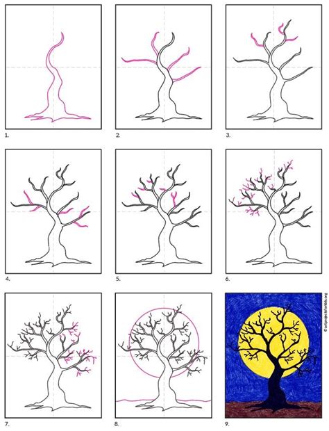 Scary Tree Drawing Tutorial And Coloring Page