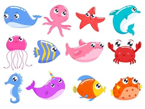 Conjunto De Animais Marinhos Fofos Coloridos Dos Desenhos Animados