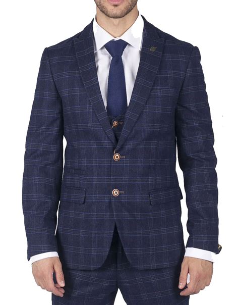 Mens Marc Darcy Blue Check Prince Of Wales Piece Suit Smart Casual