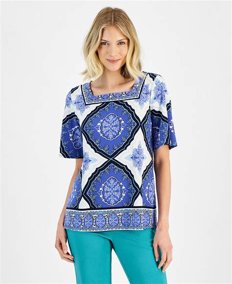 Jm Collection Womens Printed Square Neck Short Sleeve Top Created For Macys Macys