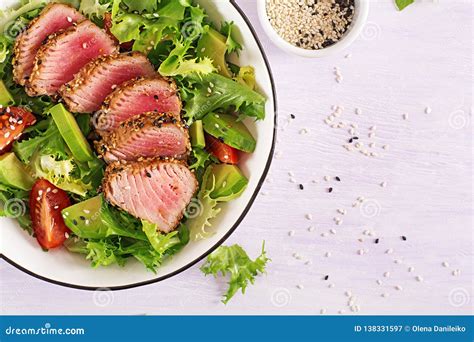 Japanese Traditional Salad With Pieces Of Medium Rare Grilled Ahi Tuna