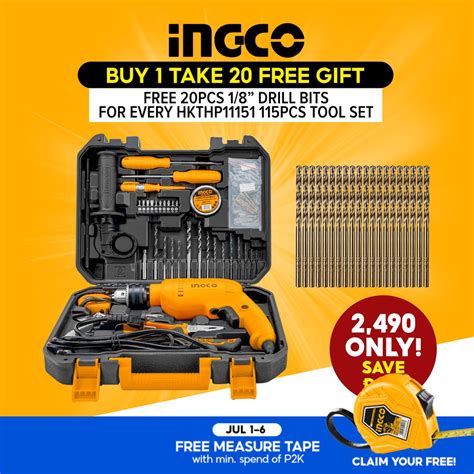 Ingco Hkthp Pcs Tool Set With W Impact Drill Free Pcs