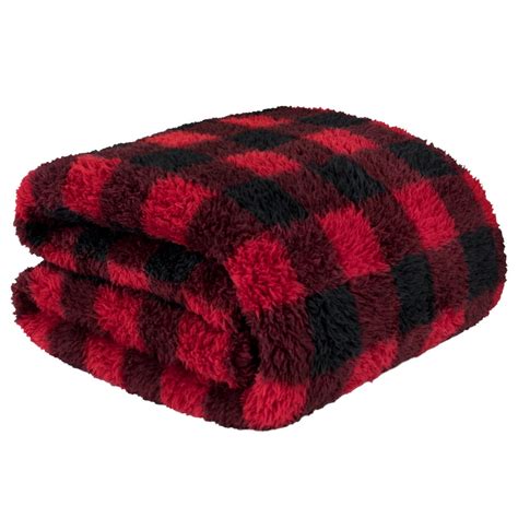 Pavilia Buffalo Plaid Black Red Sherpa Throw Blanket For Couch Sofa