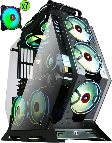 Kediers Pc Case Atx Mid Tower Tempered Glass Gaming Computer Open Frame Case With 7 Argb Fans