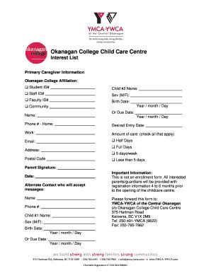 Fillable Online Okanagan Bc Okanagan College Daycare Okanagan Bc Fax