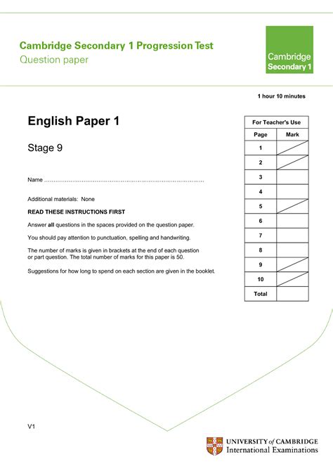 Secondary Progression Test Stage 9 English Paper 1 For Teacher S Use