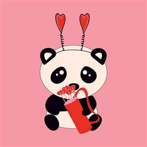 Le Mignon Petit Panda Assis Tient Les Flèches D amour De Cupidon