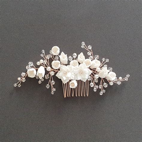 White Flower Gold Hair Comb For Brides On Her Wedding Day Gold