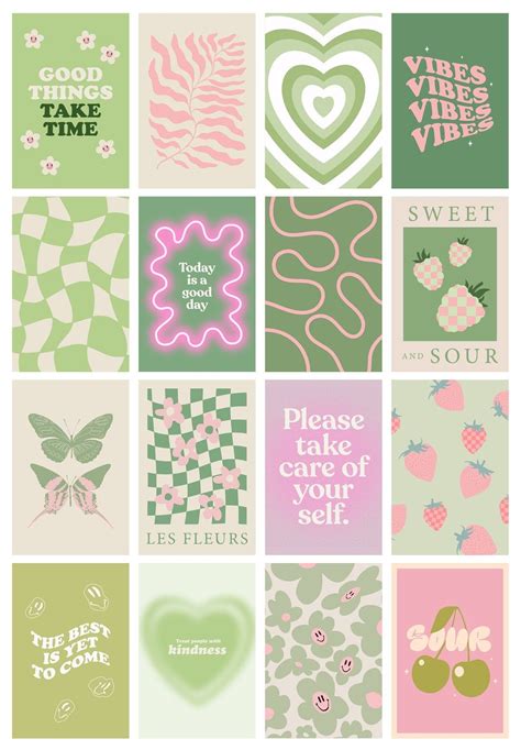 Danish Pastel Wall Collage 16pcs 4x6 In Green Pink Aesthetic Room Decor