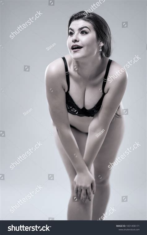 Plus Size Glamour Model Black Lingerie Stock Photo