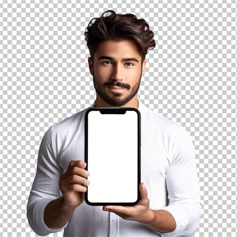 Premium Psd Man Holding Empty Screen Mobile Frame Mockup Png