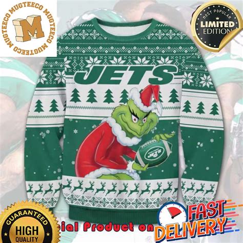 The Grinch X New York Jets Nfl Santa Hat Ugly Christmas Sweater For