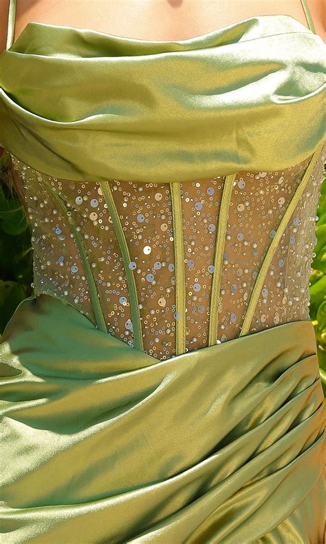 Cowl Neck Long Prom Dress With Sheer Corset Promgirl