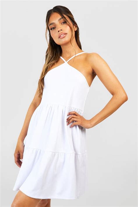 Textured Tiered Halterneck Smock Dress Boohoo Uk