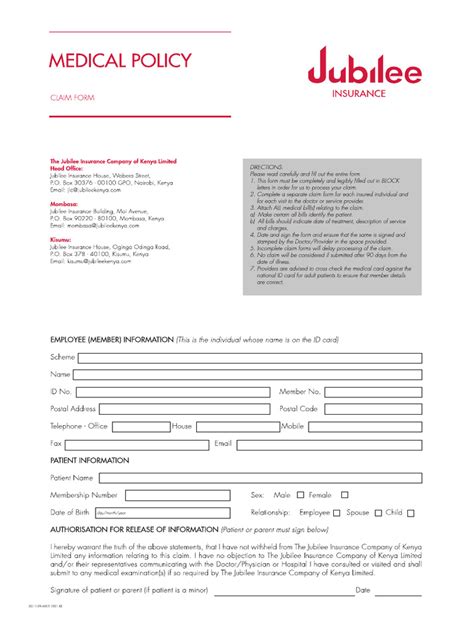 Jubilee Medical Claim Form Pdf