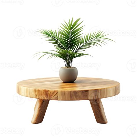 Wooden Coffee Table With Palm Plant On Top Transparent Background