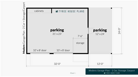 Modern Garage Plan - 2 Car Plus Storage and Carport. Created by Tyree