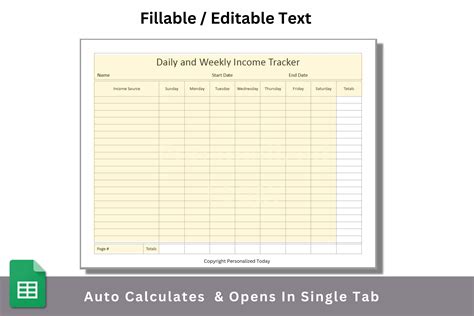 Daily Income Tracker With Weekly Totals Daily Revenue Log Google Sheets