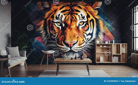 Living Living Room with Full Wall Geometric Tiger Interior Design ...