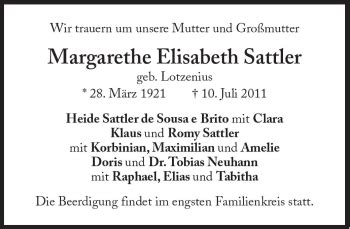 Traueranzeigen Von Margarethe Elisabeth Sattler SZ Gedenken De