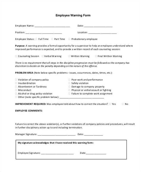 Free 9 Sample Employee Warning Forms In Pdf Ms Word