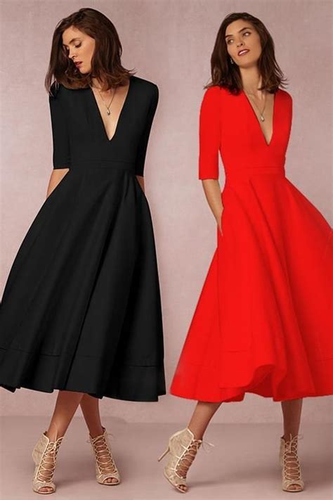 Chicloth Half Sleeve Midi Party Dress A Line V Neck Party Dress