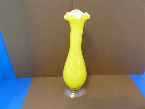 Brilliant Yellow White Cased Glass Bud Vase With Ruffled Top Bud Vases Glass House