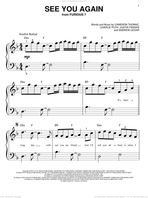 Wiz Khalifa Feat Charlie Puth See You Again Sheet Music For Piano