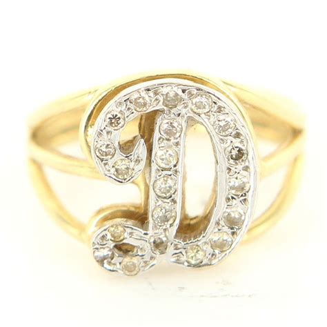 Vintage 14 Karat Yellow Gold Diamond Letter D Initial Cocktail Ring