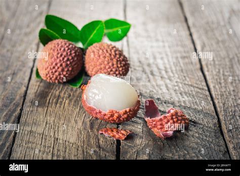 Lychees Fruits On Wooden Background Stock Photo Alamy