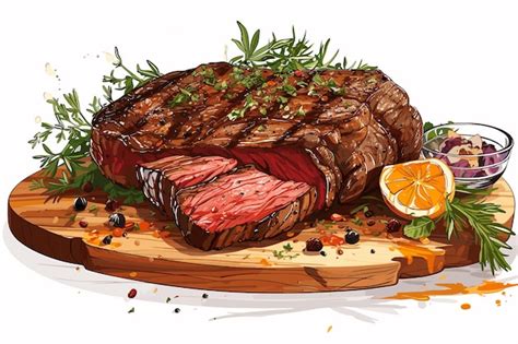 Premium Vector Grilled Beef Steak On Wooden Board With Tomatoes And