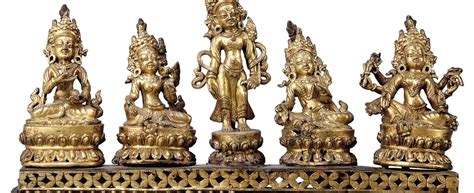 Global Nepali Museum - A GILT-BRONZE GROUP OF FIVE BUDDHIST DEITIES | Global Nepali Museum