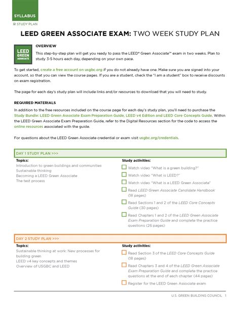 LEED Green Associate Exam Two Week Study Plan Syllabus U S Green