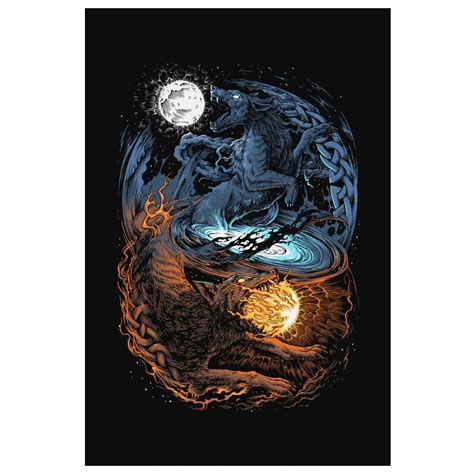 Hati & Sköll Norse Wolves Canvas Wall Art – Blue Pagan