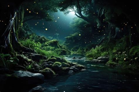 Premium AI Image | a stream in a forest at night