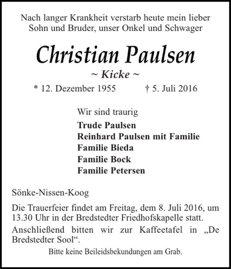 Traueranzeigen Von Christian Paulsen Sh Z Trauer