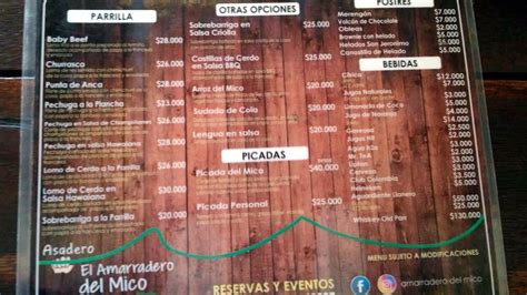 Carta Del Restaurante Asadero El Amarradero Del Mico Villavicencio